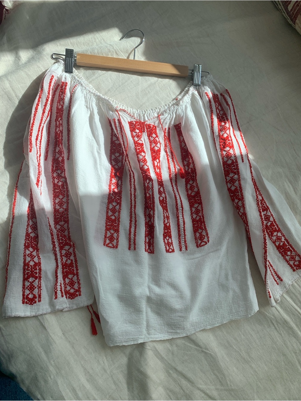 Vintage boho Peasant Blouse with Red Embroidery